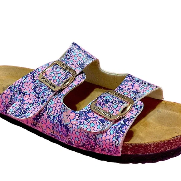 Simply Southern Floral Buckle Slip on Flip Flop Sandals Size 9 Pink/Blue - Picture 4 of 14